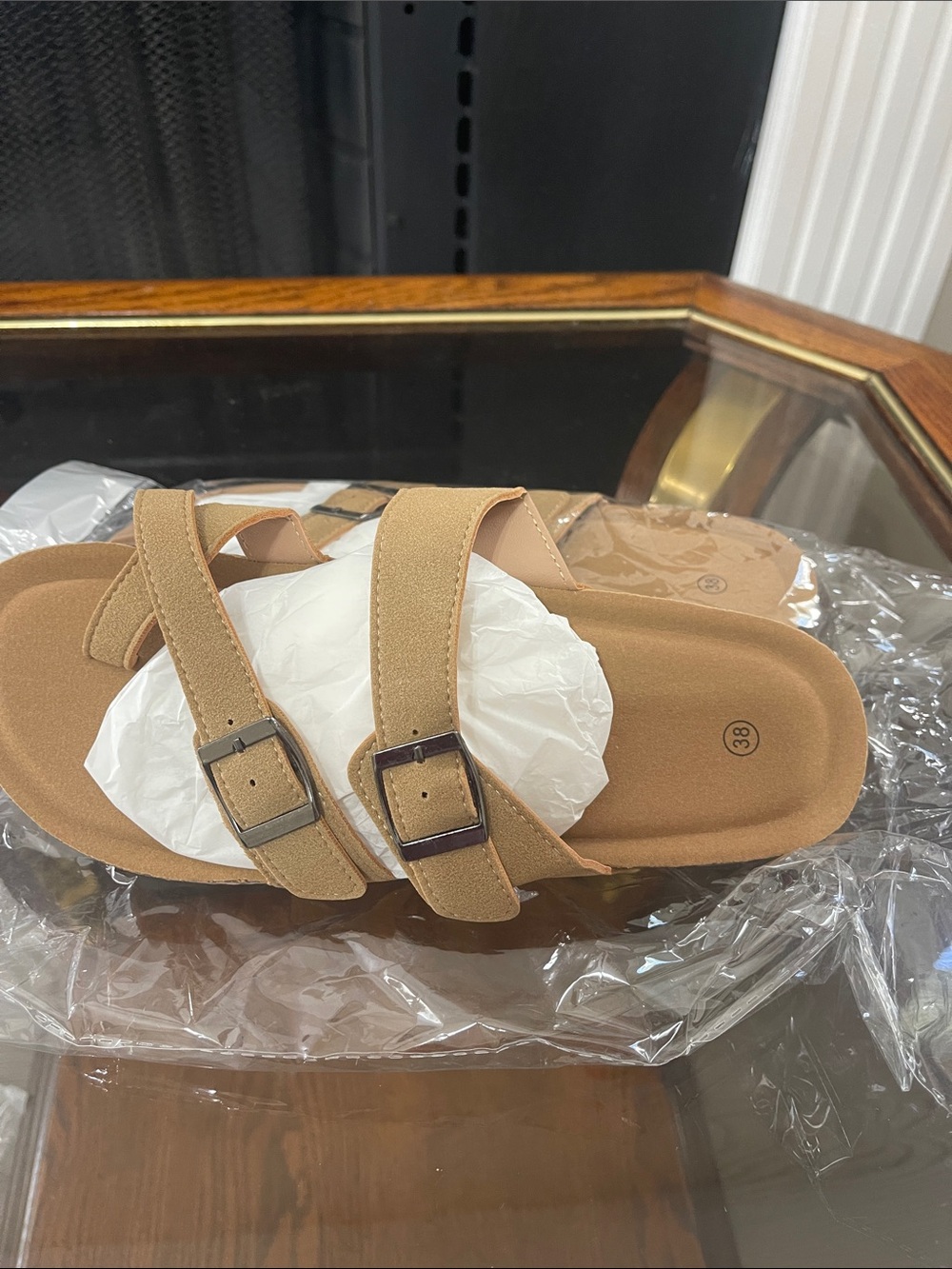 Double Strap Slide Sandals in Tan